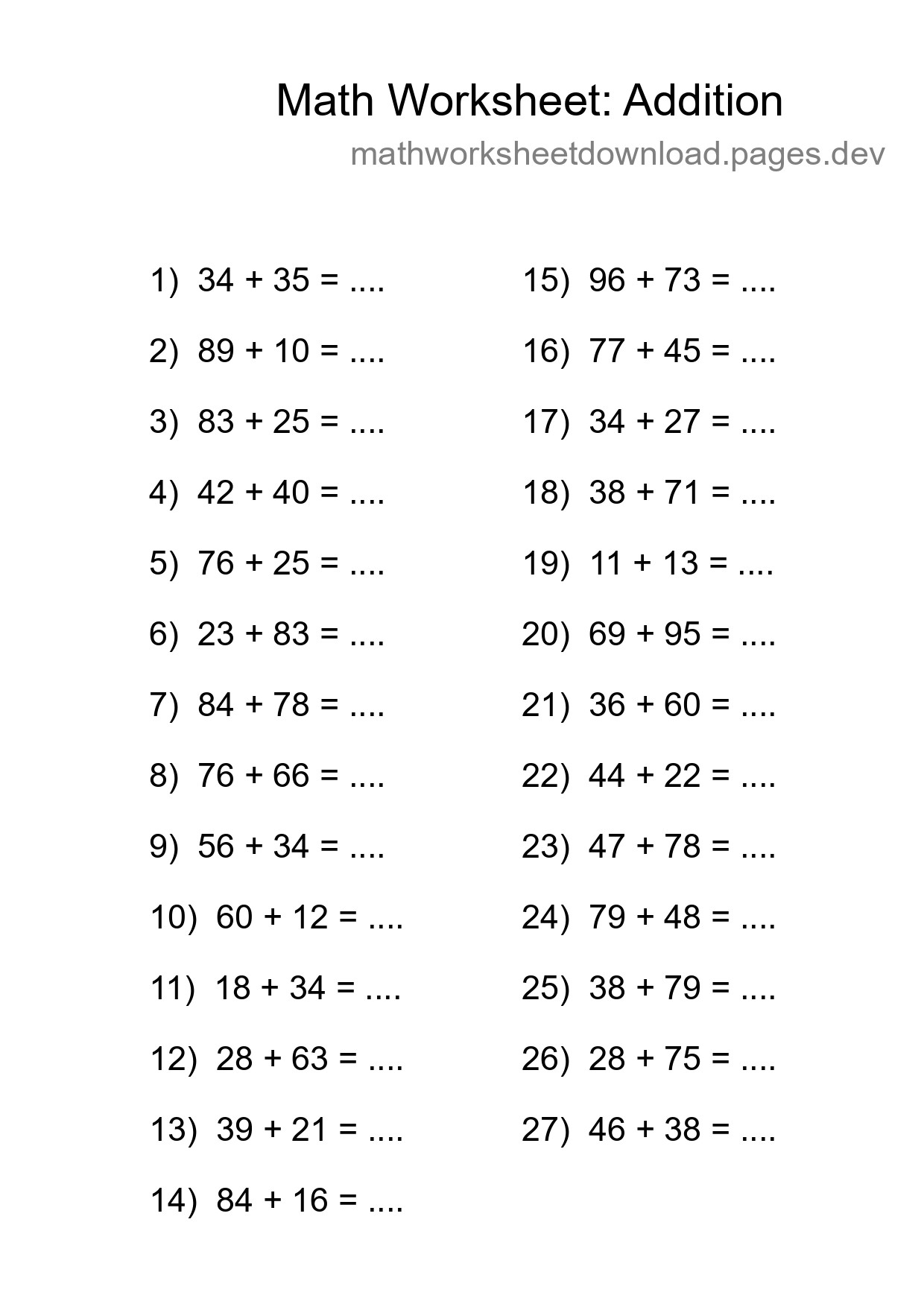 Printable Free 27 Addition Math Worksheet For Grade 3 - Part 261