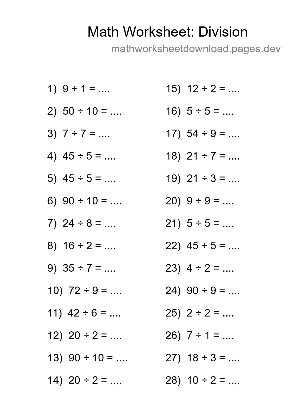 Printable Free 28 Division Math Worksheet For Grade 1 - Part 164